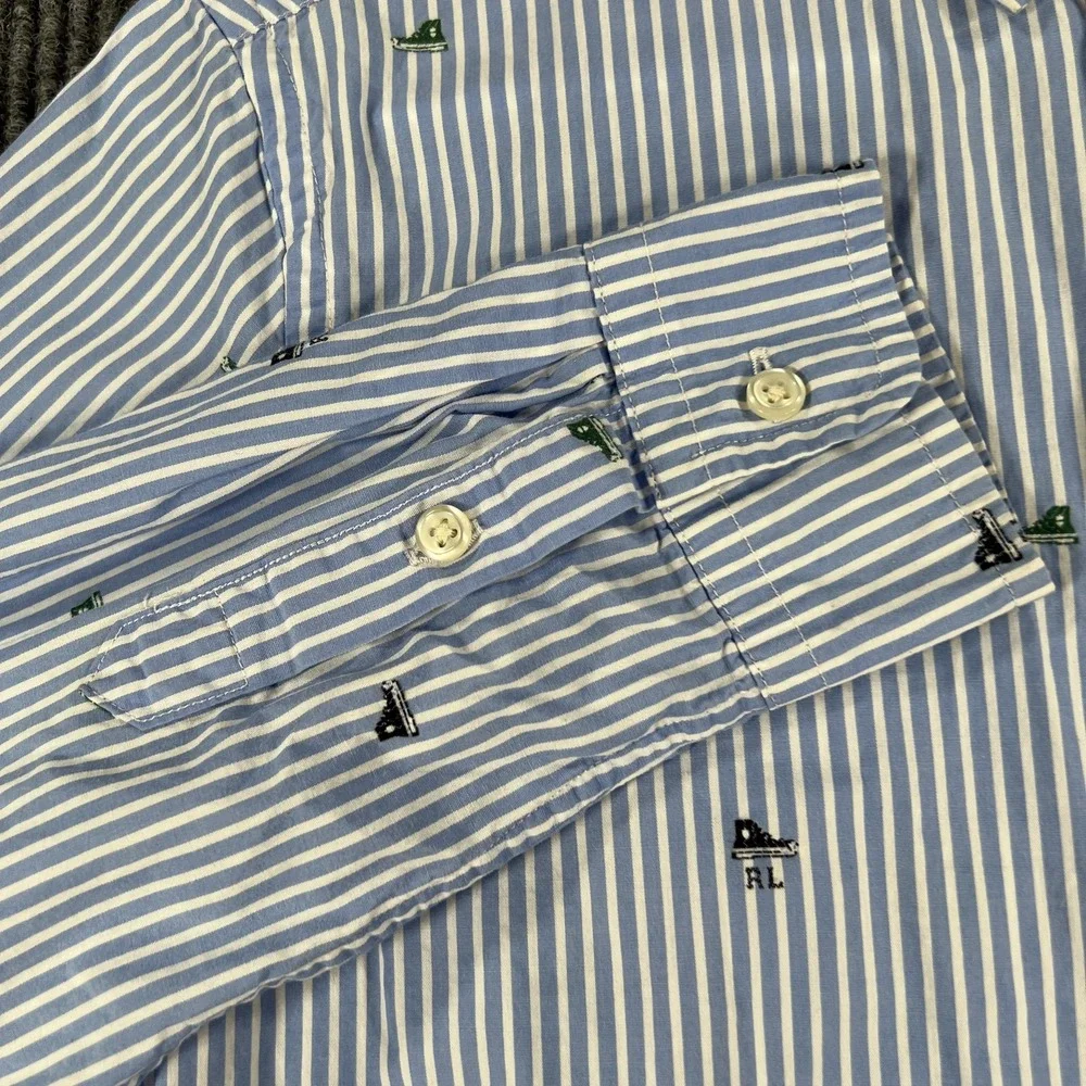 Ralph Lauren Shirt Boys Large 14-16 Blue White Striped Button Down Flag Preppy